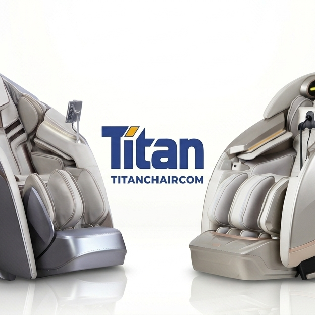 TitanChair.com official banner featuring a side-by-side comparison of the DuoMax SE dual mechanism massage chair and Sapphire 4D Sonic Wave massage chair centered around the Titan logo.