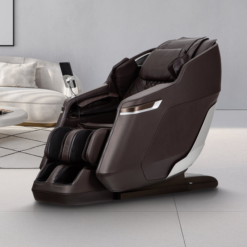 Luxury brown Titan 4D ION massage chair beautifully styled in a living room space.